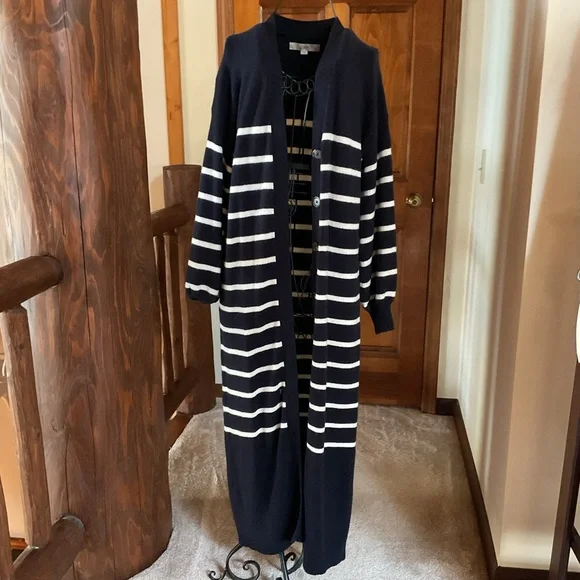 Loft Women's Striped Midi Cardigan Sweater/Dress Cotton Blend Button Down Sz M - Picture 1 of 6